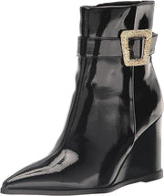 Sam Edelman Weslie Black Patent Wedge Heeled Almond Toe Buckle Detailed Booties