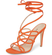 Schutz Nivia Bright Orange HI Stiltto Heel Single Sole Tie up Wrap Pump Sandals