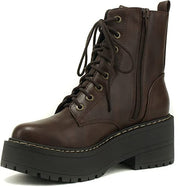 Soda Fling Brown Pu Lace Up Chunky Lug Sole Rounded Toe Combat Ankle Boots