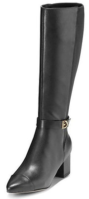 Cole Haan Elena Black Leather/Stretch Pointed Toe Block Heeled Knee High Boots