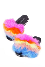 Cape Robbin CASINO Pink Multi Color Flat slip-ons Sandals Furry Mule Slide