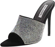 Cape Robbin TIFFANY Black Rhinestone Slip-On Mules Pointy Open Toe Stiletto Heel