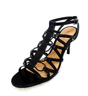 Schutz Lyna Black Patent Cut Out Strappy Elastic Vamp Low Stiletto Sandal Heels