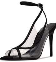 Nine West Parise 3 Black/Clear Buckle Closure Pointed Toe Stiletto Heeled Sandal