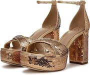 Sam Edelman Jullian Amber Gold Sequin Open Toe Ankle Strap Block Heeled Sandals 6