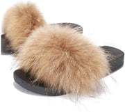 Liliana Nomi-17 Tan Luxury Real Raccon Fur Slippers Slides Flat Soles Mule (7.5)