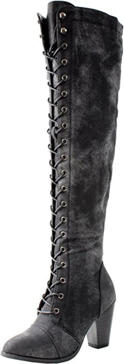 Forever Link CAMILA-47 Black Knee-High Lace-Up Block Heel Rounded Toe Boots