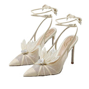 Sam Edelman Aura Pearl Ivory Tie Up Pointed Toe Stiletto Heeled Dress Sandals