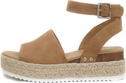 Soda Topic Tan Nubuck Espadrilles Ankle Strap Studded Open Toe Wedge Heel Sandal