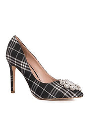 Lauren Lorraine Giselle-2 Slip On Rhinestone Slim Heel Stiletto Black Plaid Pump