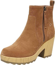 Dr Scholl's Win Over Honey Suede Block Heel Wood Platform Clog Ankle Boots