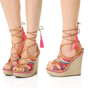 Schutz Mella Multi Color Bamboo Jeweled Leather Lace-Up Espadrille Wedge Sandals