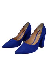 Dumond Plu Blue Suede Slip On Chunky Block Heeled Pointed Toe Dress Pumps