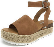 Soda Topic Open Toe Buckle Ankle Strap Espadrilles Flatform Wedge Casual Sandal (6, Tan)