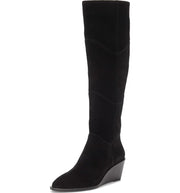 1.State Kern Black Soft Suede Knee High Low Wedge Pointed Toe Dress Boots
