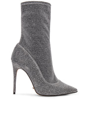 Schutz Mislane Point Toe Boots pewter glitter high heel fitted stretch booties