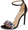 Lauren Lorraine Irma Black Satin Crystal Rhinestone High Heel Open Toe Sandals