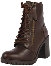 Soda Malia Brown Faux Leather Lace Up Rounded Closed Toe Chunky Ankle Boots