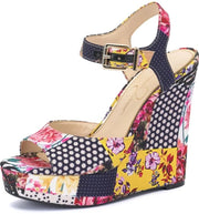 Jessica Simpson Tonnia Multi Whimsical Patchwork Ankle Strap Wedge Heel Sandals
