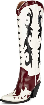 Jeffrey Campbell Starwood-2 Red White Blue Pointed Toe Pull On Knee High Boots