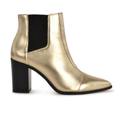 Schutz Happy Platina Gold Leather Chelsea Block Heel Ankle Pointed Toe Bootie