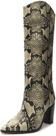 Schutz Analeah Natural Snake-Embossed Pull On Pointed Toe Heel Tall Boots
