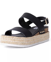 Steve Madden Catia Black Leather Ankle Strap Open Toe Wedges Espadrilles Sandals