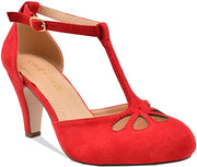 Chase & Chloe Kimmy-36 Teardrop T-Strap Mid Heel Pumps Red Suede