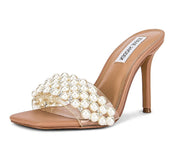 Steve Madden Sift Natural Pearl Bead Fashion Embellished Vamp Heeled Sandals