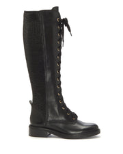 Louise et Cie Voshell Black Leather Tall Lace-Up Round Toe Combat Knee High Boots