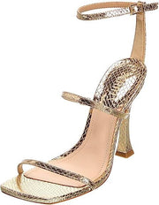 Schutz Nylla Gold Metallic Snake-Embossed Ankle Strap Open Toe High Heel Sandals
