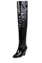 Jeffrey Campbell Senita Black Crinkle Patent Heel Knee High Fashion Dress Boots