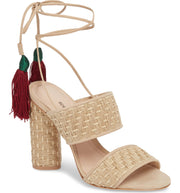 Schutz Women's Gaby Heeled Sandal Natural / Amber Light Basket Weave Tie Up Pump