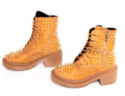 Cape Robbin Tris Tan Studded Lace Up Zipper Chunky Heel Booties (7, Tan)