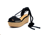 Schutz Zayne Black Leather Upper and Jute Wrapped Platform Heel Open-Toe Sandals