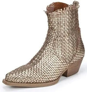 Sam Edelman Blair Light Gold Stacked Heel Pointed Toe Leather Woven Western Boot