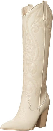 Steve Madden Lasso Bone Leather Pull On Block Heel Pointed Toe Knee High Boots