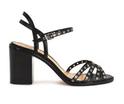 Schutz Corrio Black Stud Embedded Strappy Ankle Buckle Stacked Heel Sandal