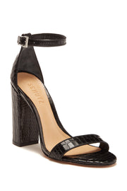 Schutz Enida Black Croco Leather High Block Heel Ankle Strap Two Pieces Sandals