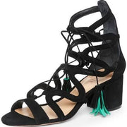 Schutz Ryder Gladiator Sandal Black Suede Color Fringed Tassel Block City Heel