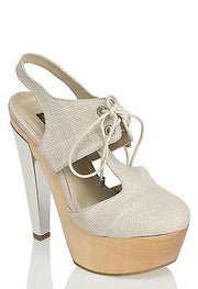 MESSECA MAY HIGH HEEL PLATFORM BEIGE CANVAS SILVER LACE UP ROUND TOE SANDALS