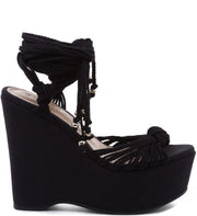 SCHUTZ Kary Black Tie Around Ankle Fabric High Platform Wedge Sandals