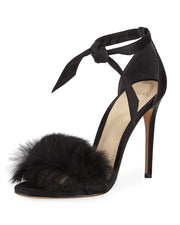 Alexandre Birman Clarita Rabbit Fur Sandal Black Satin HIgh Formal Tie Up Pumps