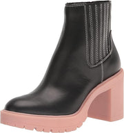 Dolce Vita Caster H2O Black/Pink Leather Pull On Block Heel Fashion Ankle Boots