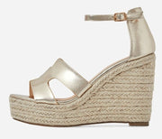 Lemonade Kayson Gold Unique H Vamp Platform Wedge Espadrille Ankle Strap Sandals