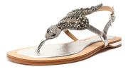 Schutz Shantie Silver Metallic Embellishments Ankle Strap Open Toe Flats Sandals