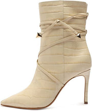 Schutz Vini Nude Leather  Pointed Toe Crocodile Embossed Zipper Ankle Boots