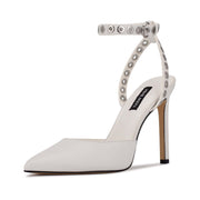 Nine West Timia White Leather Ankle Strap Pointed Close Toe Stiletto Dress Pumps
