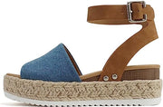 Soda Topic Denim/Tan Casual Espadrilles Flatform Embellished Wedge Open Sandals