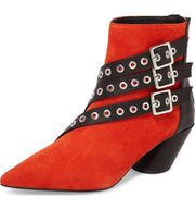 Shellys London Frasier Red Suede Grommet Buckle Strap Angled Block Heel Boots